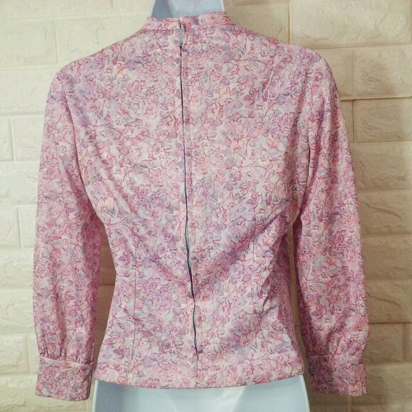 Vintage 60s Handmade Floral Blouse Top S-6 Mockneck LSL Metal Back-Zip Polyester - Picture 9 of 11